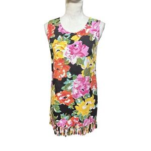Anna Sui Floral Loop Fringe Dress Multicolor Sleeveless Tunic Festival S SILK